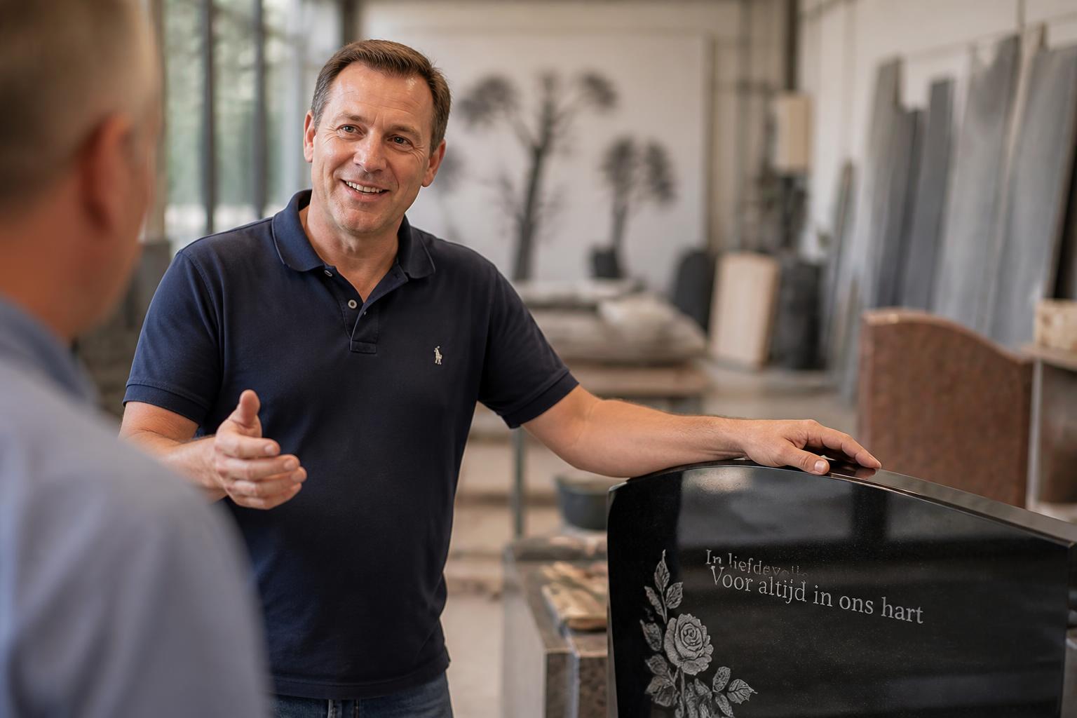 Vakman in gesprek in de werkplaats bij een grafmonument